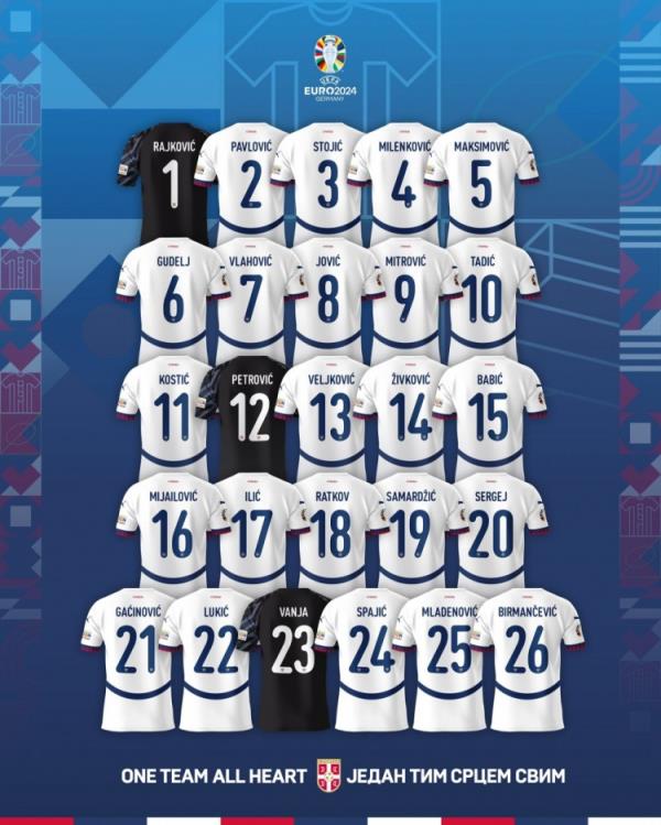 塞尔维亚队欧洲杯号码：弗拉霍维奇7号、米神9号、米林科维奇20号