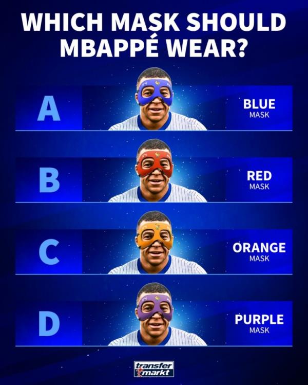 德转晒姆巴佩面具图片：蓝红橙紫，他应在比赛中戴哪种面具？