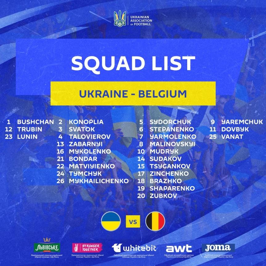 乌克兰公布对阵比利时球员名单：津琴科、卢宁在列