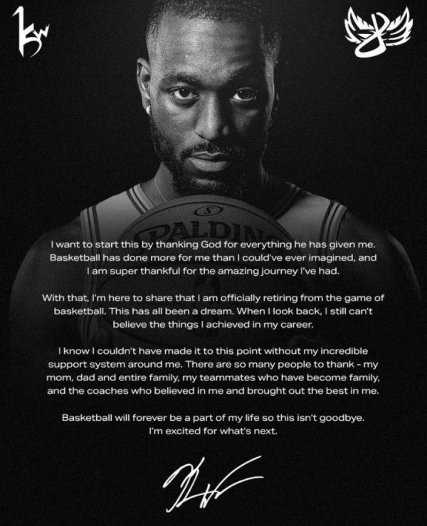 肯巴-沃克退役信：篮球永远是我生命一部分 所以这并不是在说再见