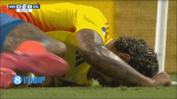 哥伦比亚球员受伤倒地，裁判不予理会J罗抗议染黄！