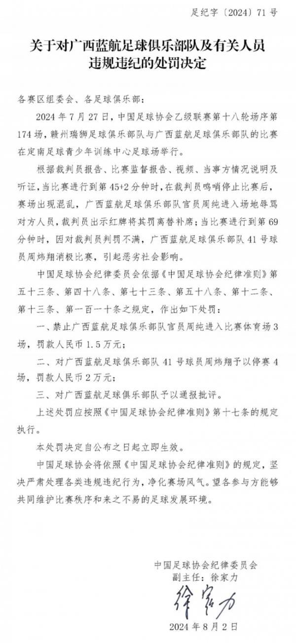 放任對手罰點，廣西門將周煒翔消極比賽被足協(xié)停賽4場罰款2萬元