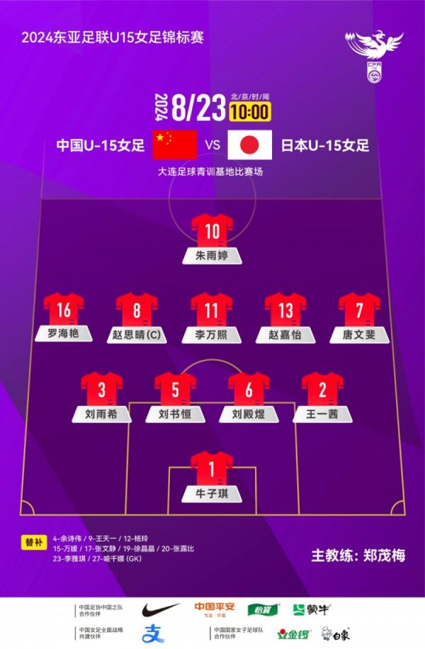 中國U15女足vs日本U15女足首發(fā)：趙思晴隊長，朱雨婷單箭頭