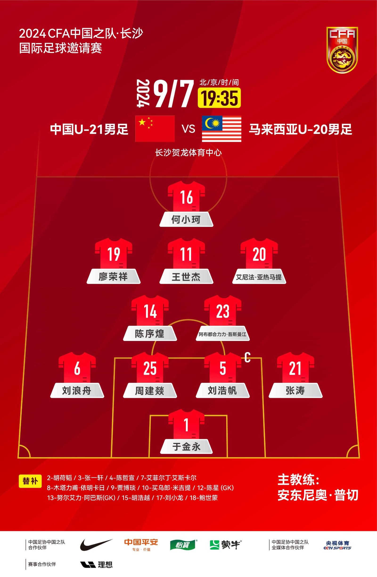 U21國足vs馬來西亞首發(fā)：何小珂、于金永先發(fā)，劉浩帆、王世杰出戰(zhàn)