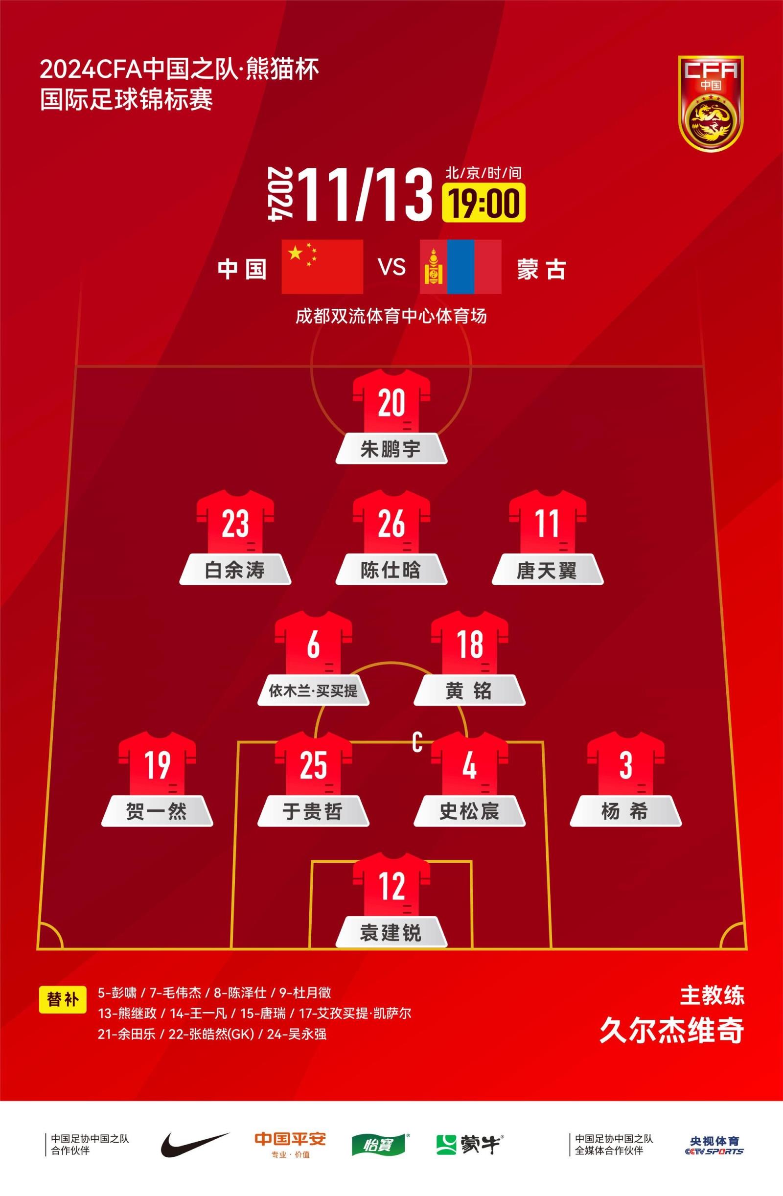 熊貓杯-U19國足vs蒙古首發(fā)：白余濤先發(fā)，朱鵬宇、楊希出戰(zhàn)