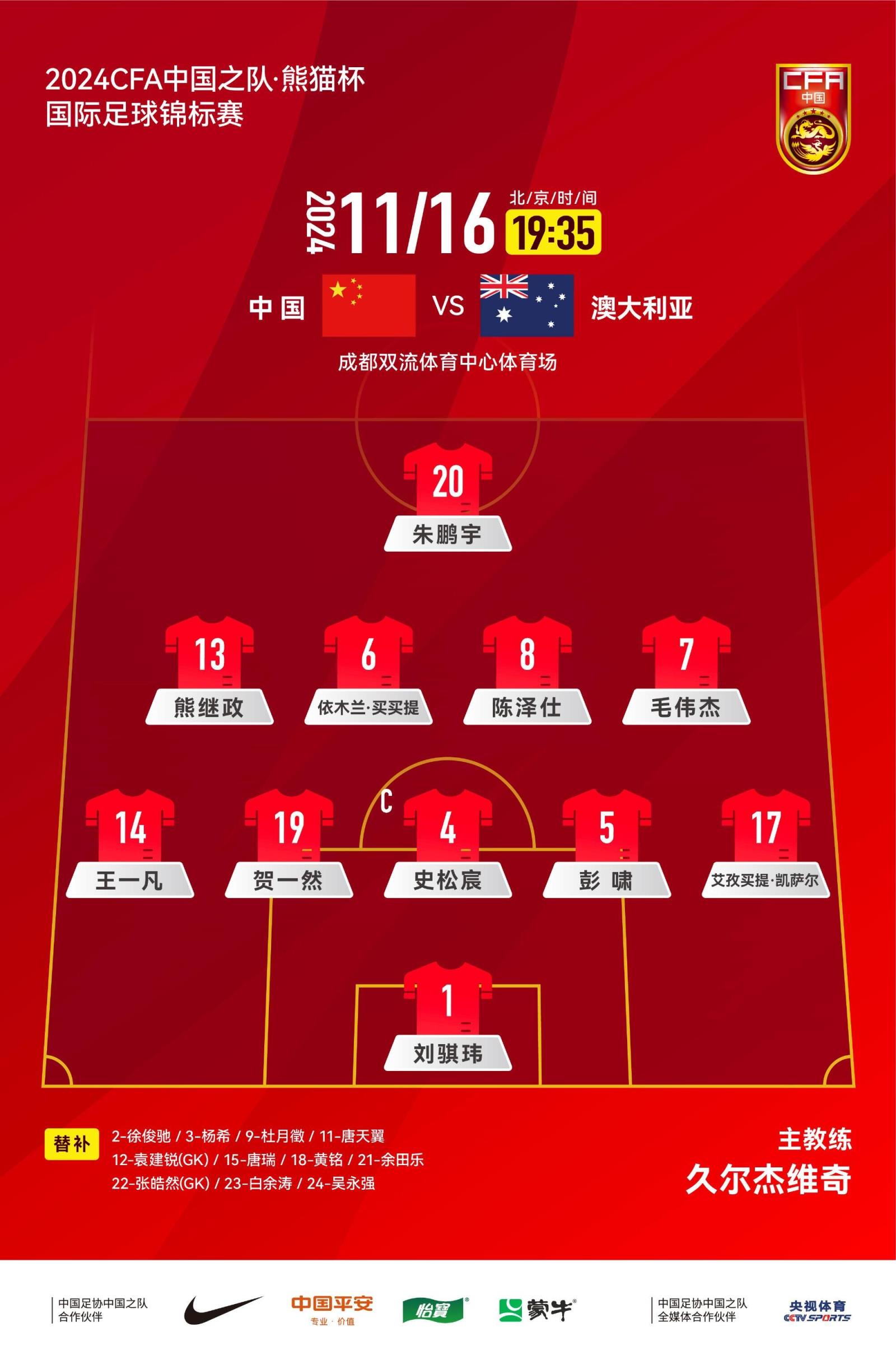 熊貓杯-U19國足vs澳大利亞首發(fā)：毛偉杰、賀一然、朱鵬宇先發(fā)